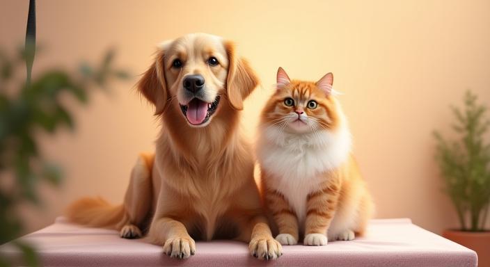 Happy Golden Retriever and fluffy Persian cat sitting on a grooming table, freshly groomed and smiling