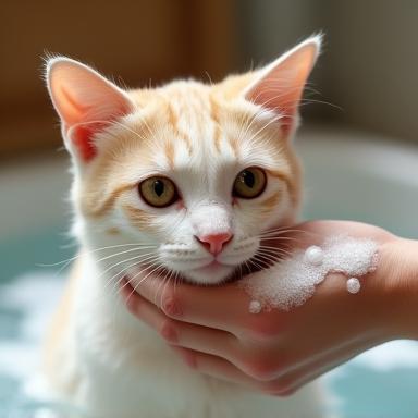Cat being bathed gently with suds and brush