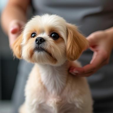 Small dog receiving a stylish breed haircut