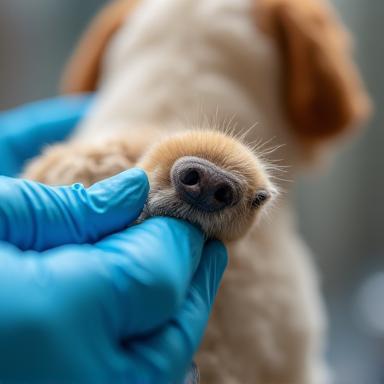 Pet being checked for ticks with comb and gloves