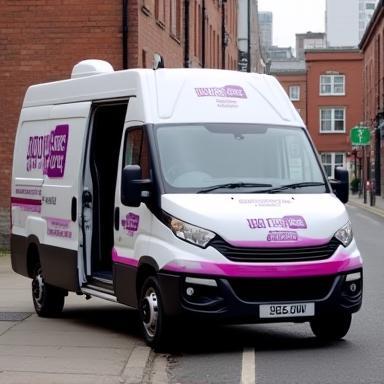 Modern mobile grooming van parked on a Manchester street