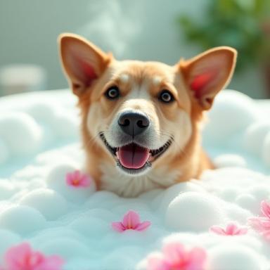 Dog enjoying a relaxing spa bubble bath with flower petals